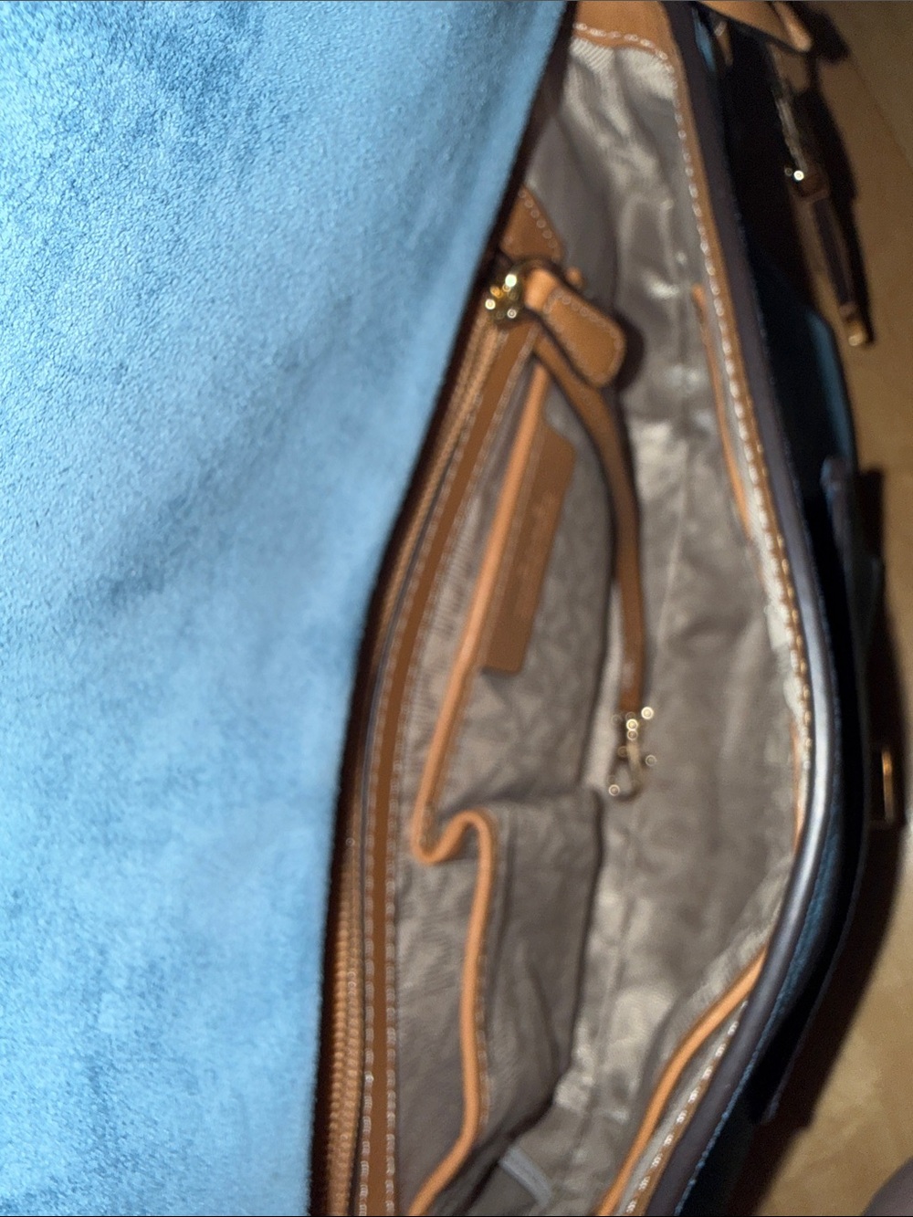 Michael Kors Romy Blue Suede Satchel with Tan Leather Trim and Strap - Picture 4 of 8